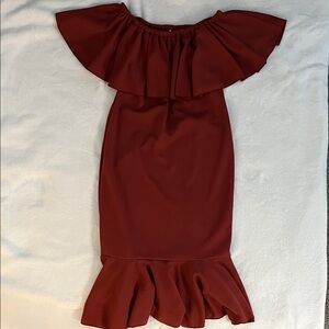 Off-Shoulder Ruffle Dress in Deep Red